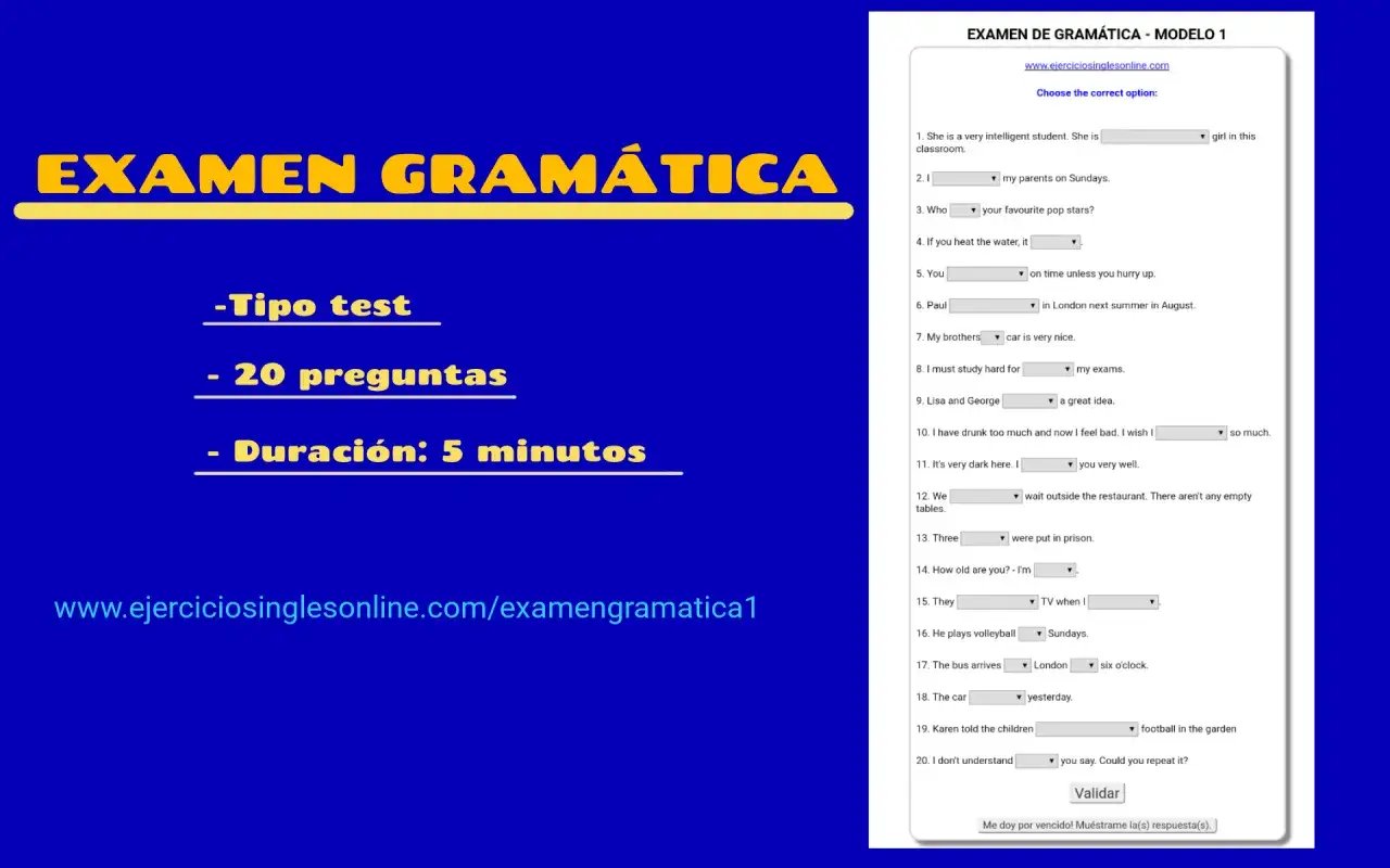 Examen a2 inglés: tipo test, 20 preguntas, 5 minutos. Ejercicios de gramática online.