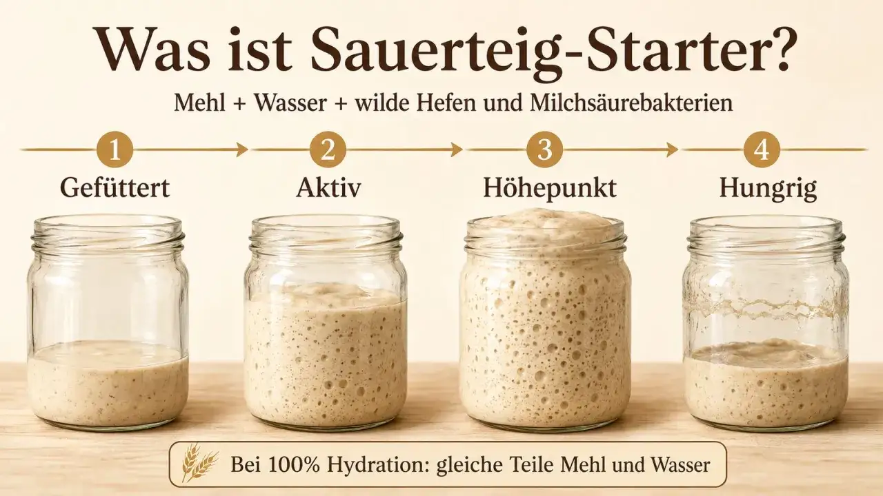 Vier Gläser zeigen die Phasen des Sauerteigs: gefüttert, aktiv, Höhepunkt und hungrig. So pflegen Sie Ihren Sauerteig.