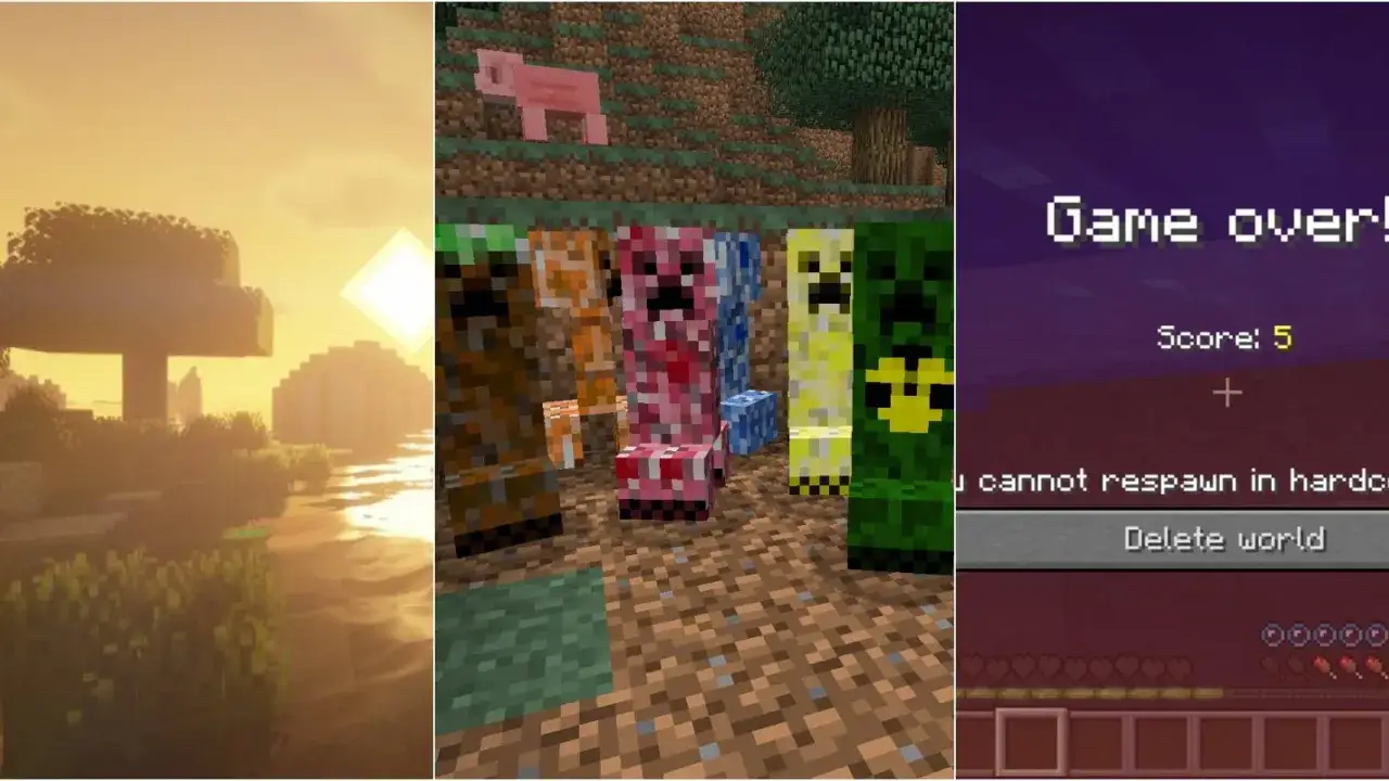 Minecraftowy krajobraz o zachodzie słońca, kolorowe creepery i ekran 
