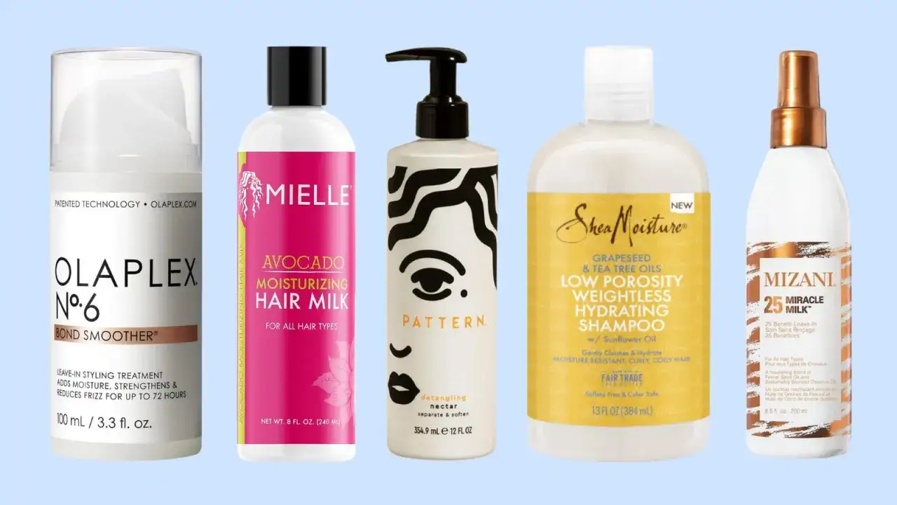 Produkty do pielęgnacji włosów, w tym szampon Shea Moisture dla włosów niskoporowatych, Olaplex, Mielle, Pattern i Mizani.