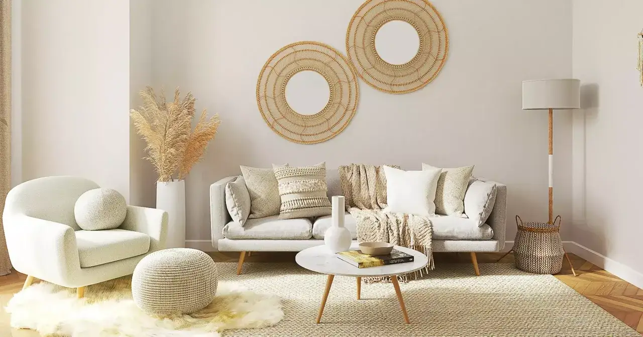 Gem&uuml;tliches Wohnzimmer im Boho-Stil mit bequemen Sofas, Kissen, einem Sessel und runden Spiegeln an der Wand. Die boho bedeutung spiegelt sich in nat&uuml;rlichen Materialien und entspannter Atmosph&auml;re wider.