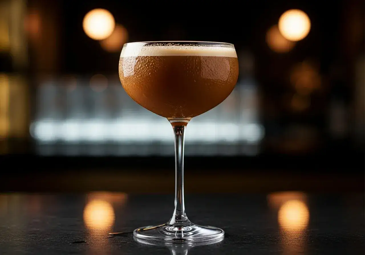 En elegant kaffedrink med amaretto, serverad i ett coupeglas med frostade droppar.