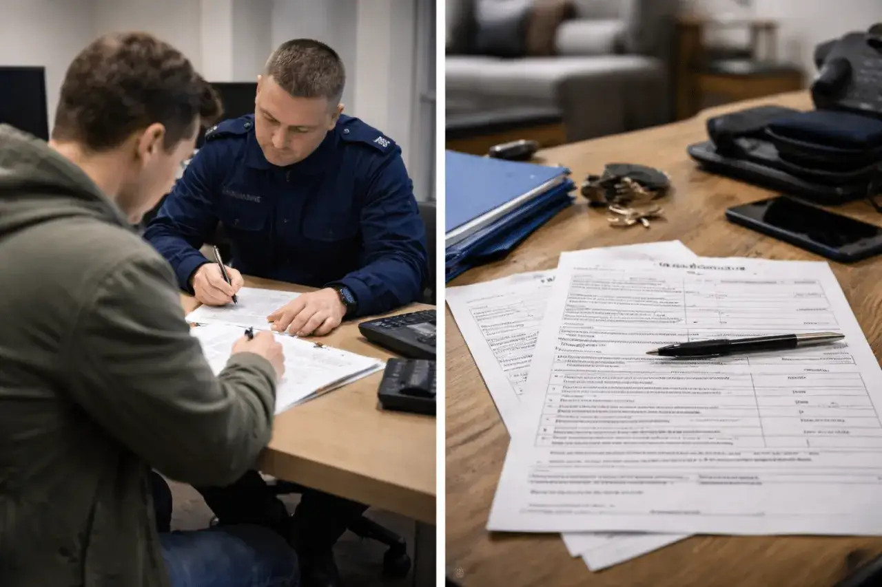 Policjant w mundurze spisuje zeznania świadka. Na stole dokumenty, długopis i telefon. Tak wygląda przesłuchanie świadka na policji.
