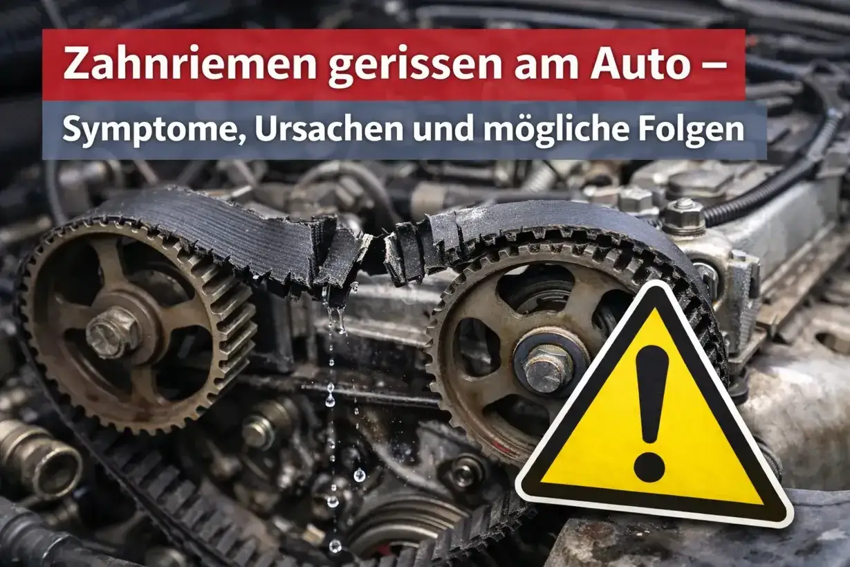 Ein gerissener Zahnriemen am Auto, mit Tropfen und einem Warnschild. Symptome, Ursachen und m&ouml;gliche Folgen werden thematisiert.