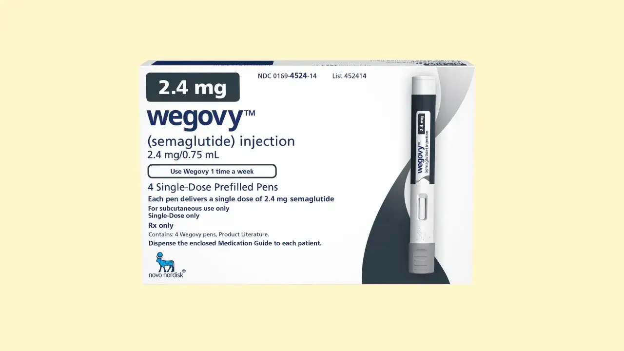 Opakowanie Wegovy 2.4 mg, zawierające 4 peny do wstrzykiwań z semaglutydem. To lek na receptę, który może pomóc w procesie odchudzania.