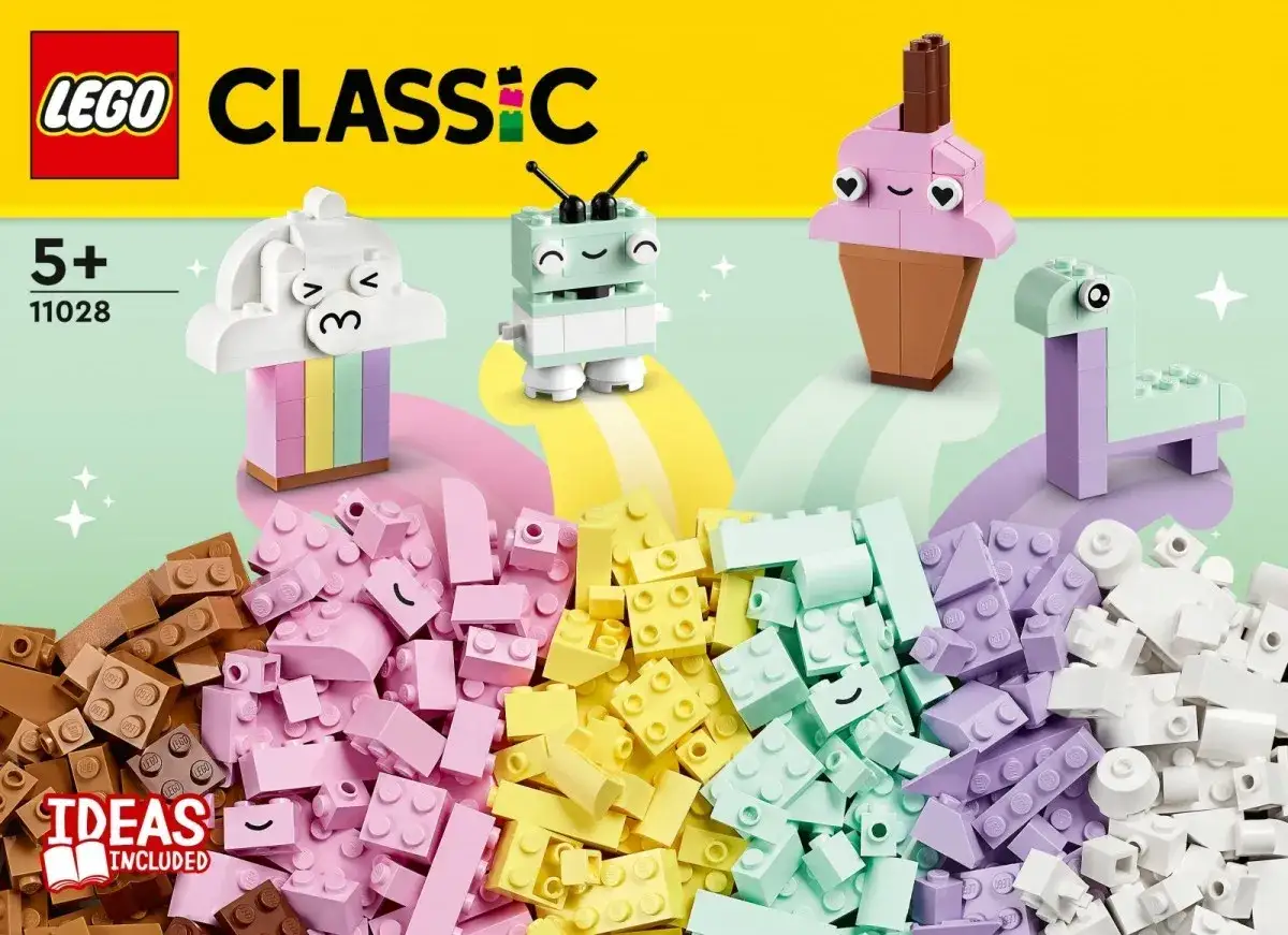Zestaw LEGO Classic pokazuje, co można zbudować z klocków Lego: chmurkę, robota, lody i dinozaura. Instrukcje są w zestawie.