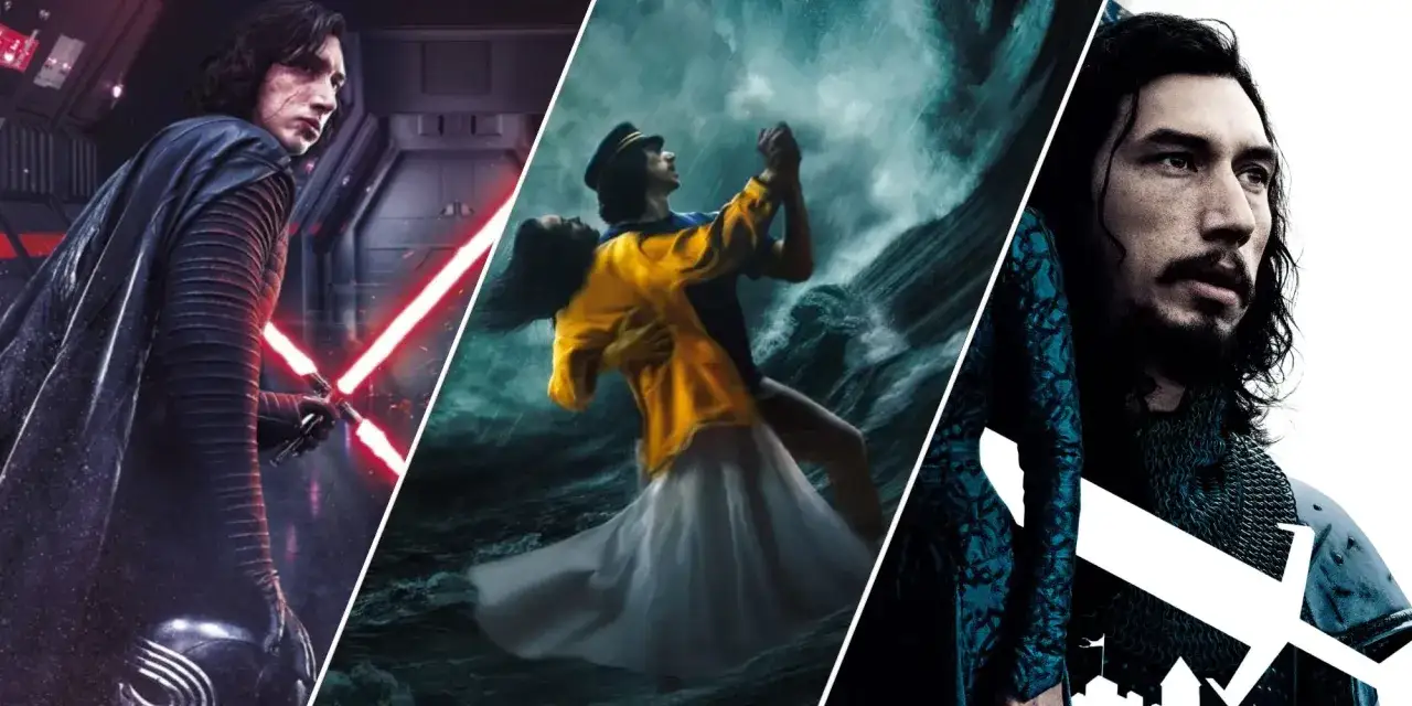Adam Driver i olika roller: som Kylo Ren med ljussabel, dansande i en storm, och som en riddare.