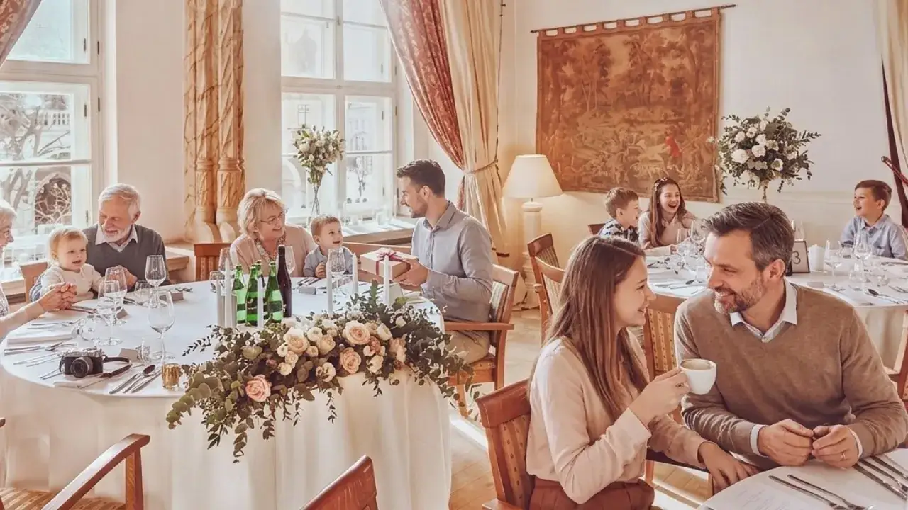 Rodzina świętuje 100 rocznicę ślubu. Dziadkowie, rodzice i dzieci siedzą przy stole, delektując się posiłkiem i prezentami.