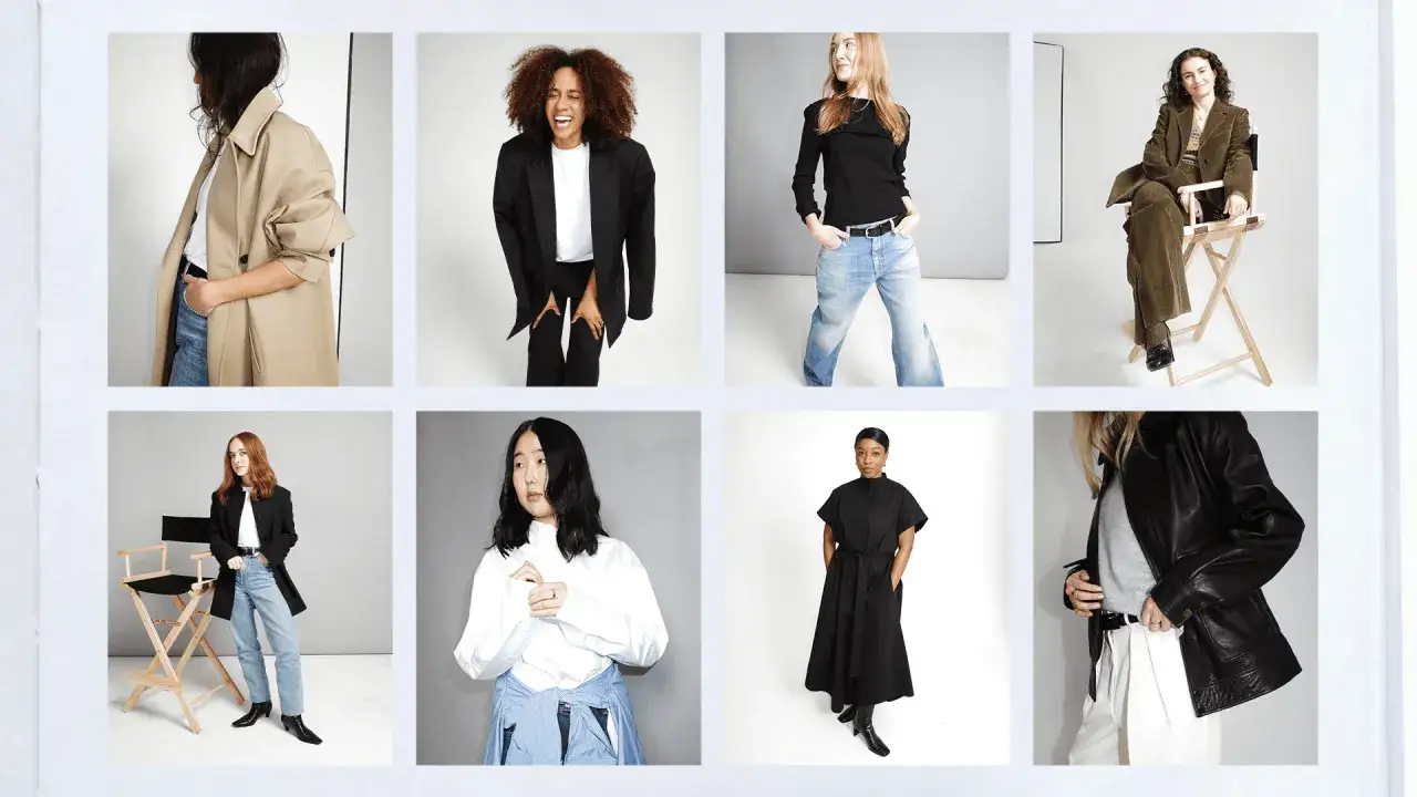 Åtta kvinnor visar upp en sofistikerad stil i olika outfits, från trenchcoats till skinnjackor och klänningar.