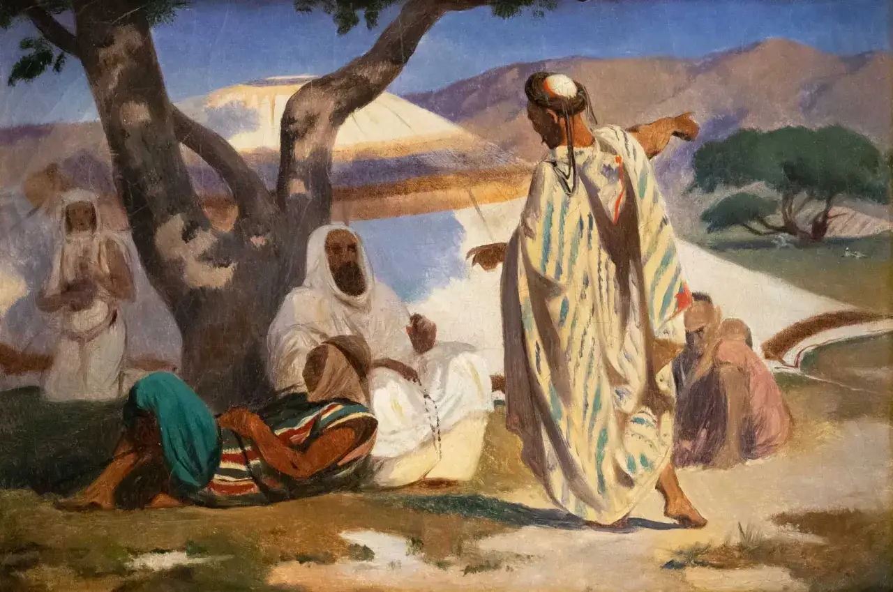 Sc&egrave;ne orientale peinte par Prosper Marilhat. Un homme en djellaba ray&eacute;e s'adresse &agrave; un groupe assis sous un arbre.