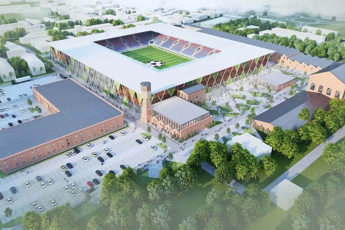 Wizualizacja nowego stadionu Rakowa z imponującą pojemnością, otoczonego historyczną architekturą i zielenią.