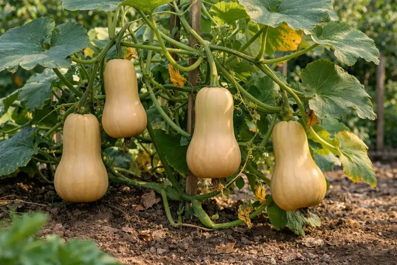 Quatre courges butternut m&ucirc;res pendent de leurs tiges dans un potager. Id&eacute;al pour savoir o&ugrave; planter le butternut dans le potager.