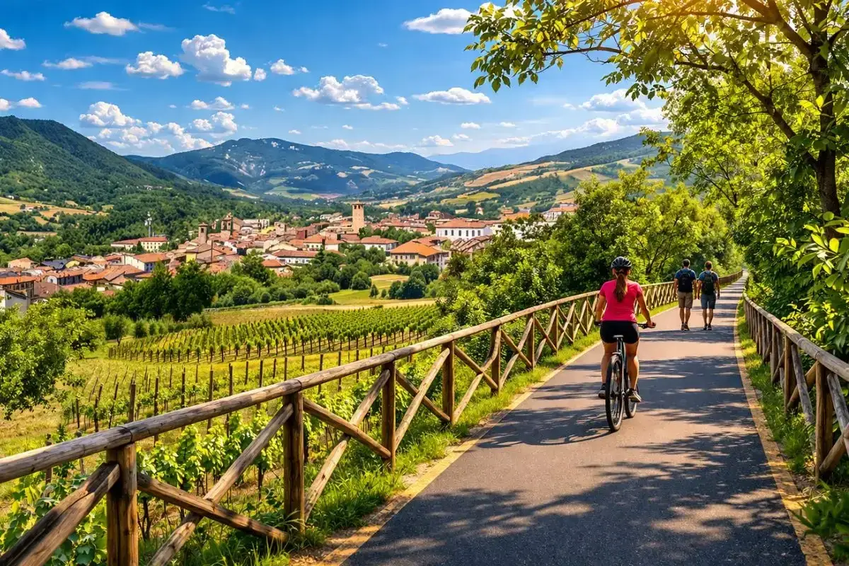 Ciclisti su una pista panoramica con vigneti e un borgo collinare. Ecco cosa vedere a Voghera, tra natura e storia.