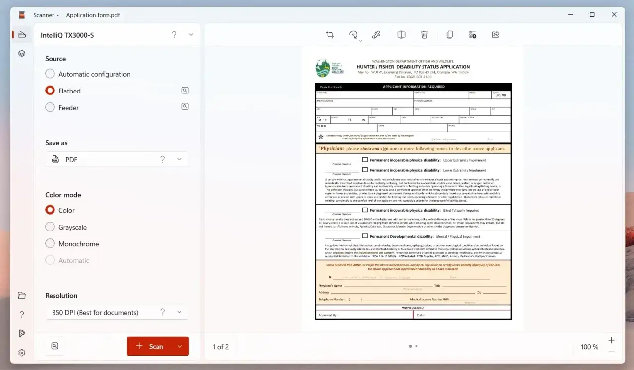 Program do skanowania dokumentów z opcjami wyboru źródła, trybu koloru i rozdzielczości. Możliwość zeskanowania wniosku o status niepełnosprawności.