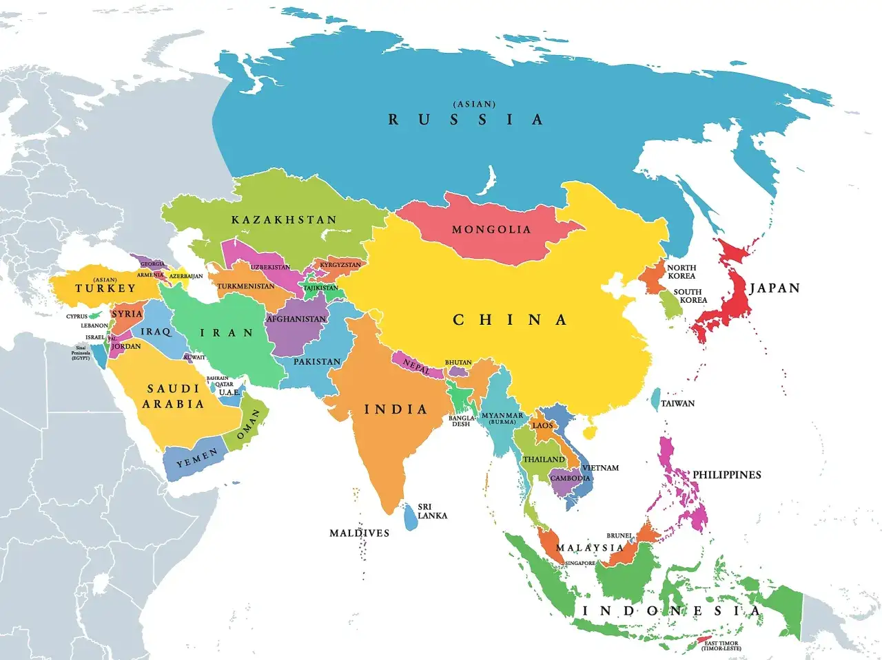 Karta &ouml;ver Asien med l&auml;nder som Ryssland, Kina, Indien och Japan. H&auml;r finns fakta om Asien.