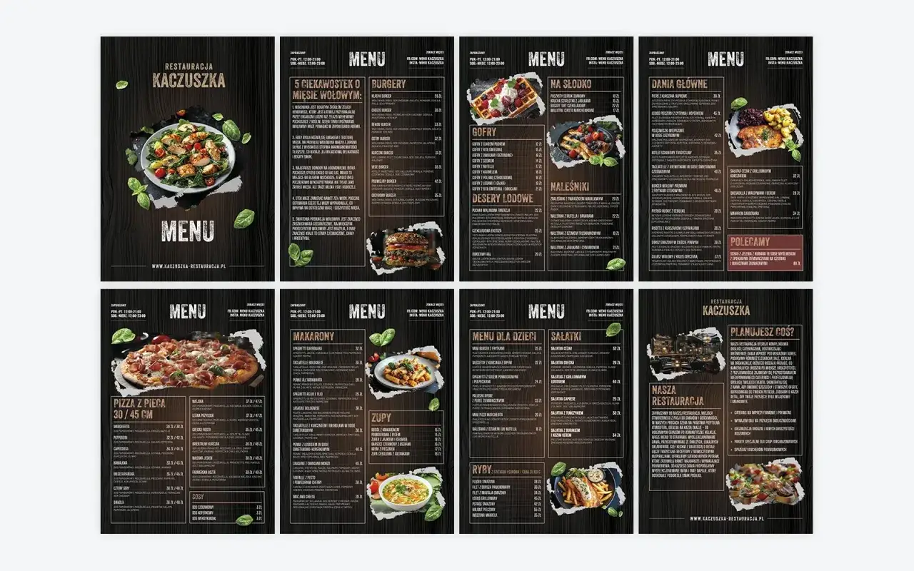 Menu restauracji Kaczuszka: dania główne, burgery, makarony, pizza, desery, a la carte.