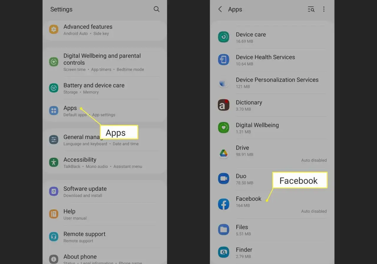 Ekran telefonu pokazuje, jak wyczyścić pamięć podręczną w telefonie, przechodząc do Ustawienia > Aplikacje > Facebook.