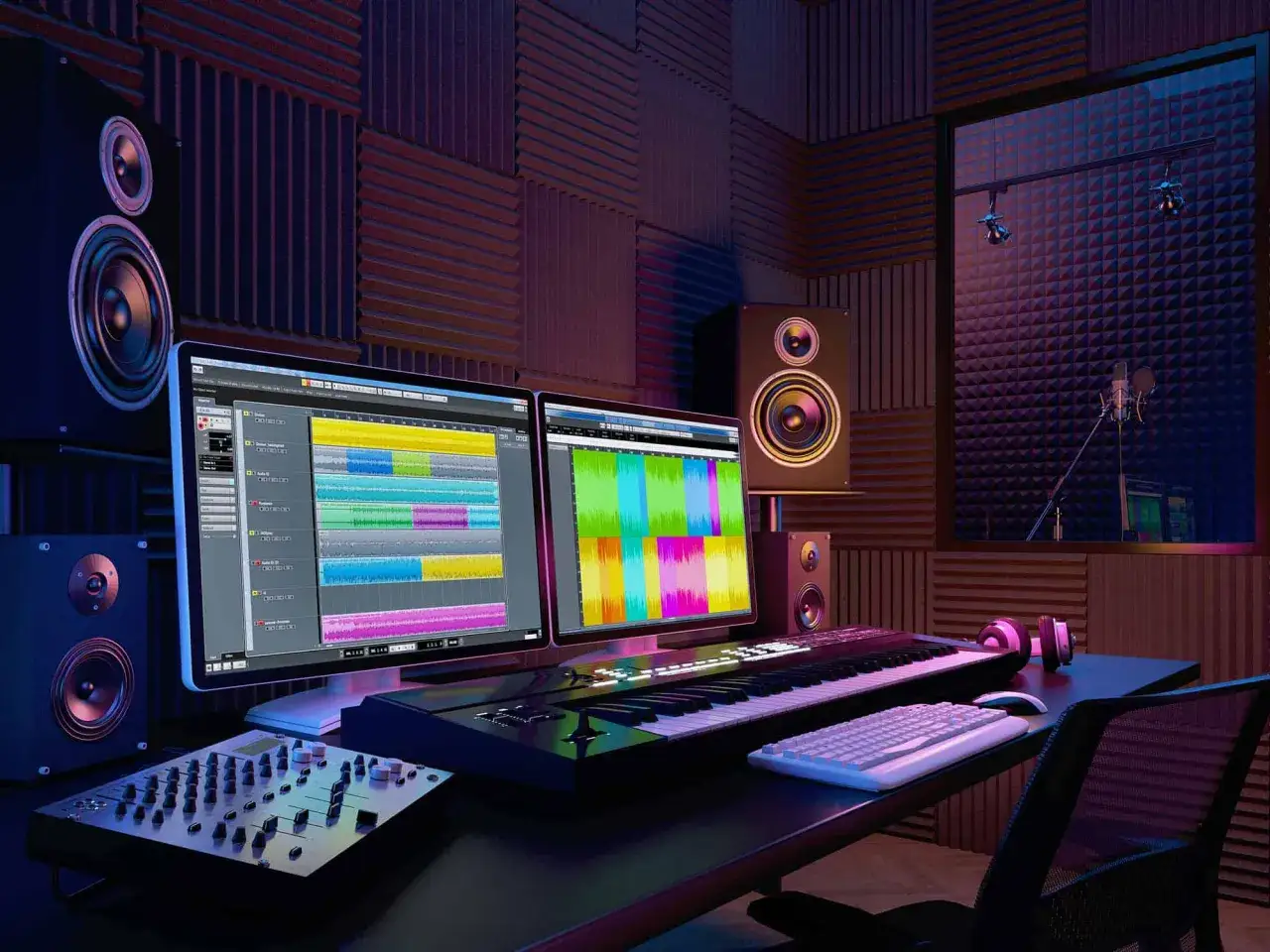Studio d'enregistrement avec &eacute;crans affichant des pistes audio, un clavier, une table de mixage et des enceintes. Id&eacute;al pour apprendre comment &eacute;crire un son.