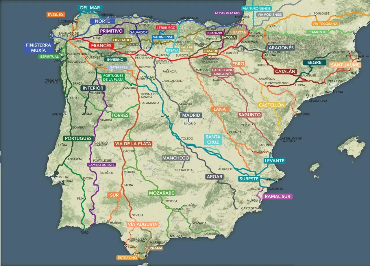 Szlak Świętego Jakuba z Polski do Hiszpanii: mapa ukazująca liczne trasy pielgrzymkowe, m.in. Camino Francés, Camino Portugués, Via de la Plata.