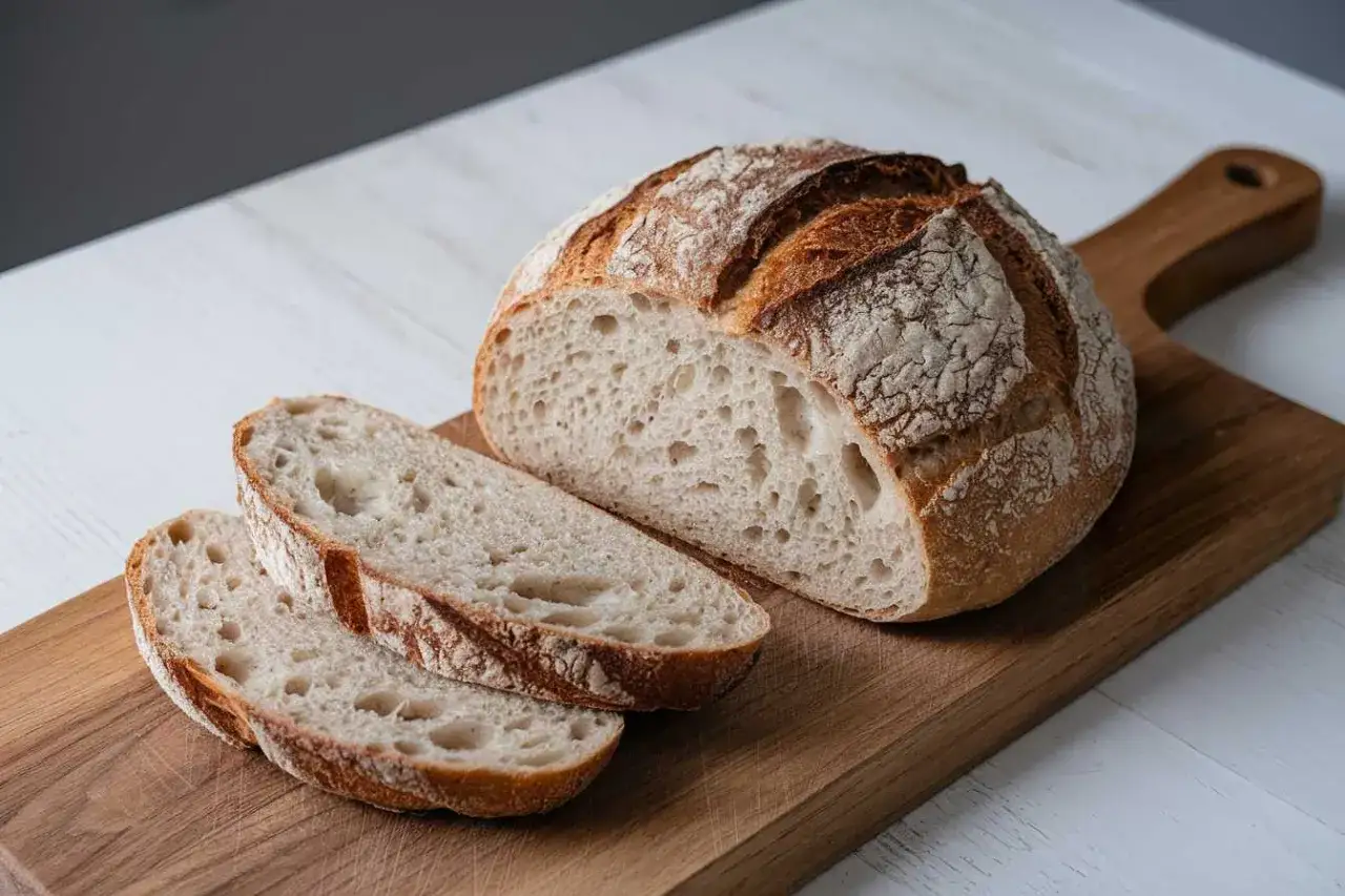 Une belle miche de pain artisanal, coup&eacute;e en tranches, sur une planche en bois. Le r&ecirc;ve de faire du bon pain est devenu r&eacute;alit&eacute;.