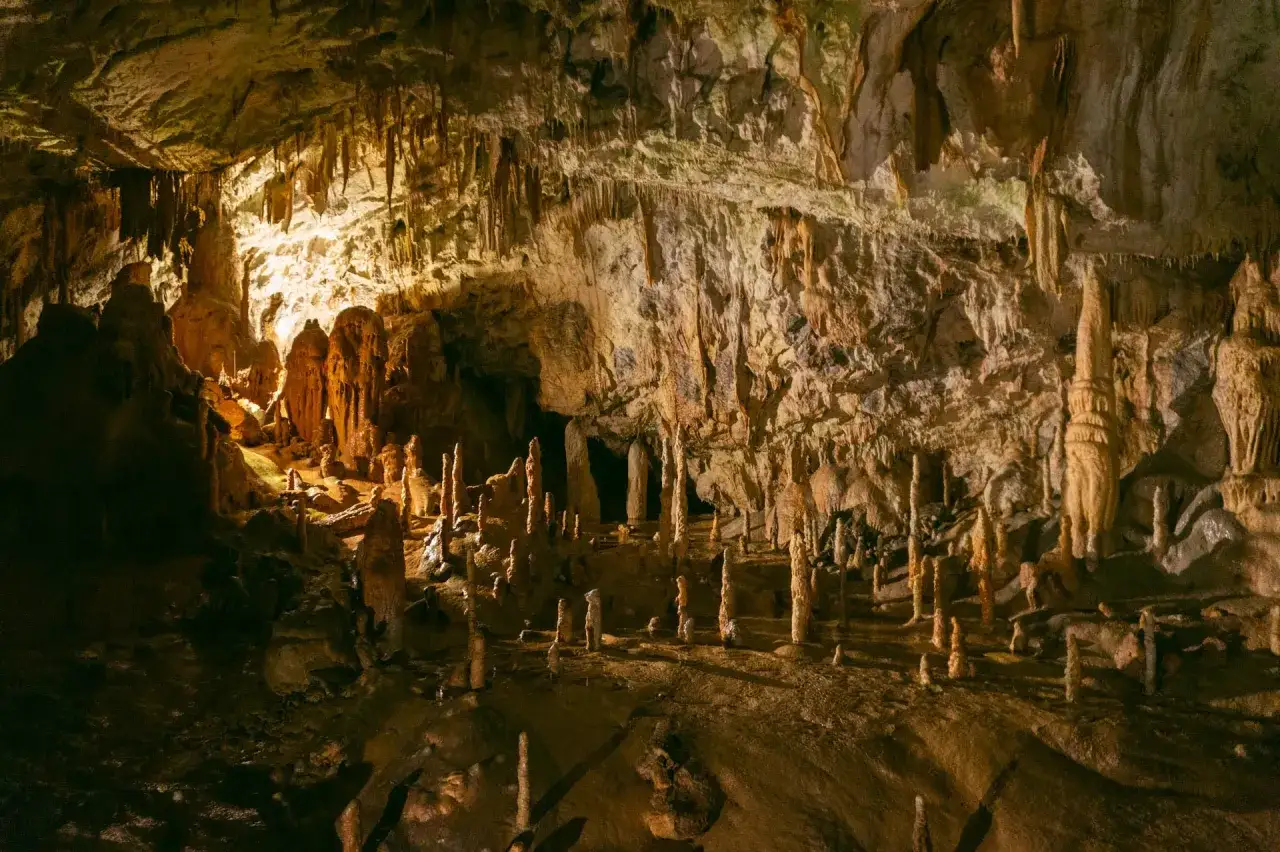 Wnętrze jaskini w Słowenii, pełne stalaktyt&oacute;w i stalagmit&oacute;w, tworzących niezwykłe formacje skalne.