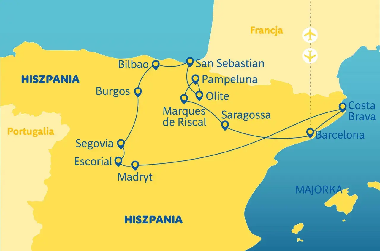 Mapa Hiszpanii z zaznaczonymi miastami: Madryt, Barcelona, Bilbao, San Sebastian. Trasa obejmuje loty do Hiszpanii i zwiedzanie wybrzeża Costa Brava.