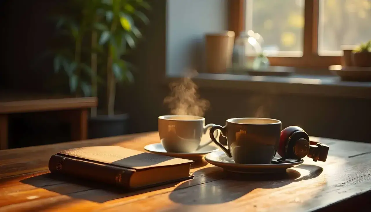 Deux tasses de café fumantes, un livre et des écouteurs sur une table en bois. Une scène intime, parfaite pour une histoire romantique.