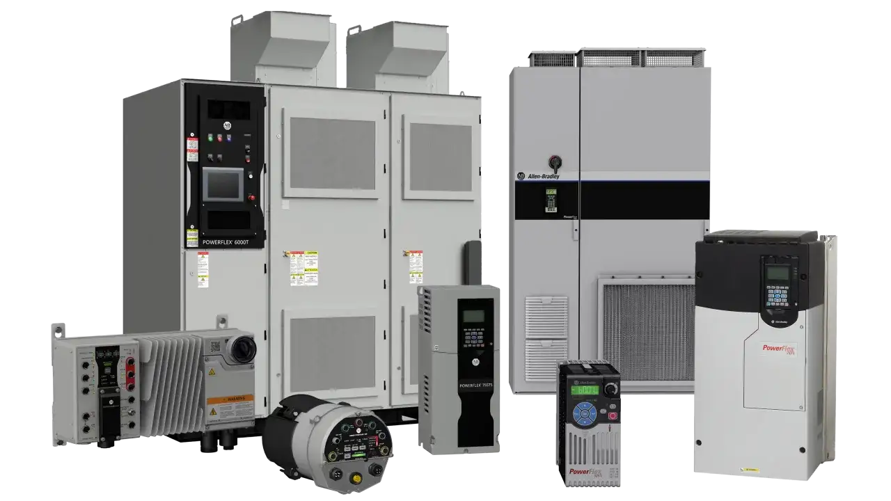 A collection of Allen-Bradley PowerFlex variable frequency drives (VFDs) of various sizes, showcasing different models and their applications for precise motor control.