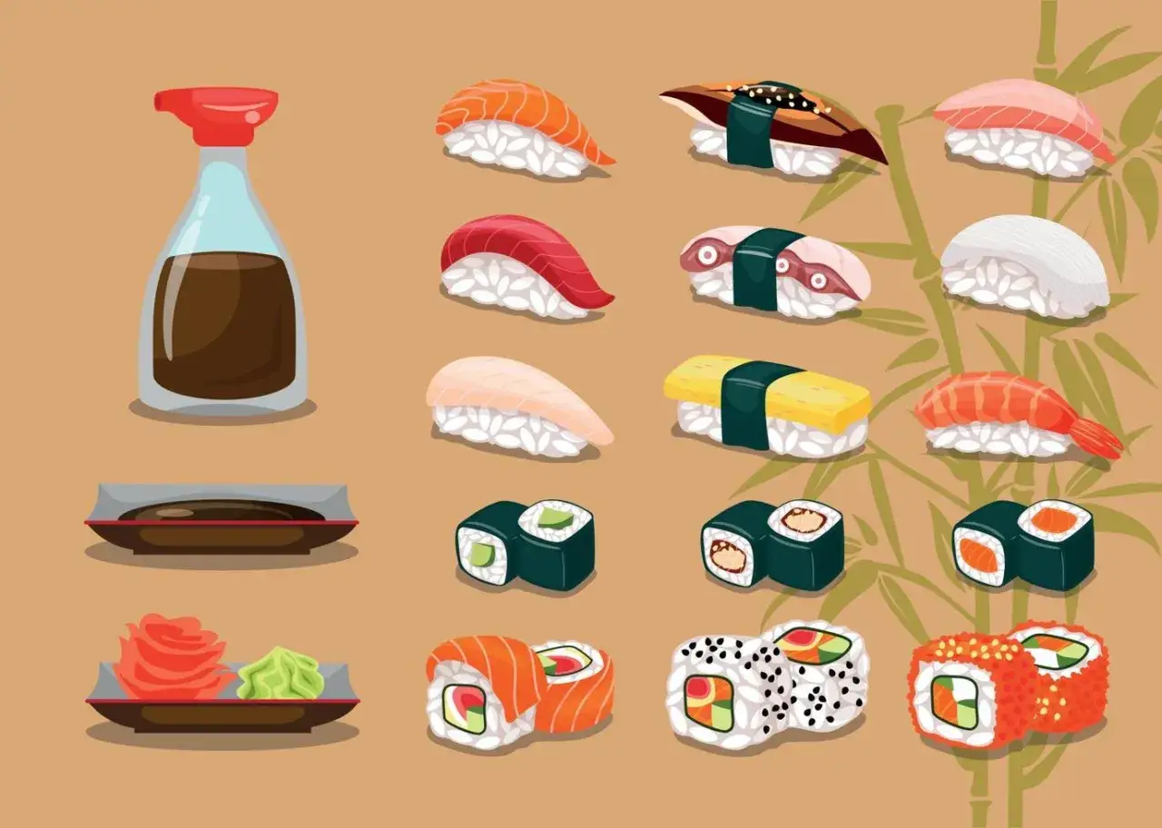 Vielfalt an Sushi: Nigiri mit Lachs, Thunfisch, Garnele, Aal und mehr. Maki-Rollen und Tamago. Was bedeutet Sushi? K&ouml;stliche japanische Reisb&auml;llchen.
