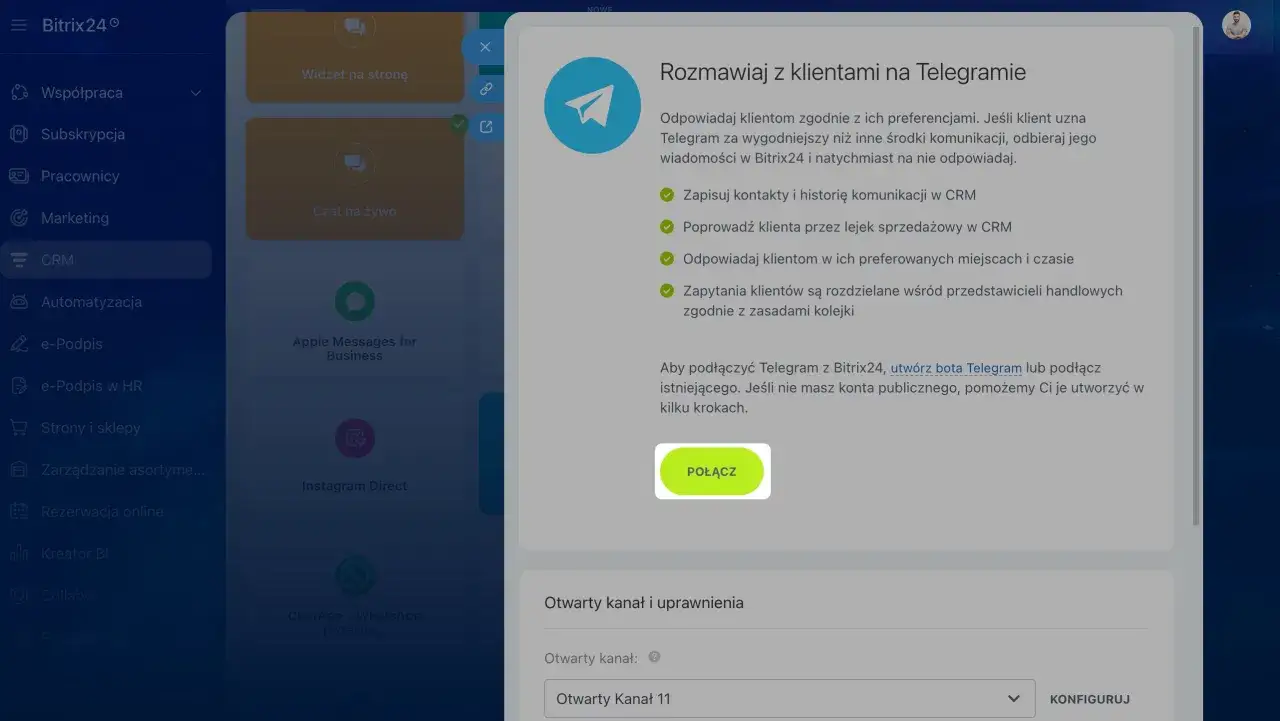 Połącz komunikator Telegram z Bitrix24, by usprawnić obsługę klienta. Zapisuj rozmowy i historię w CRM.