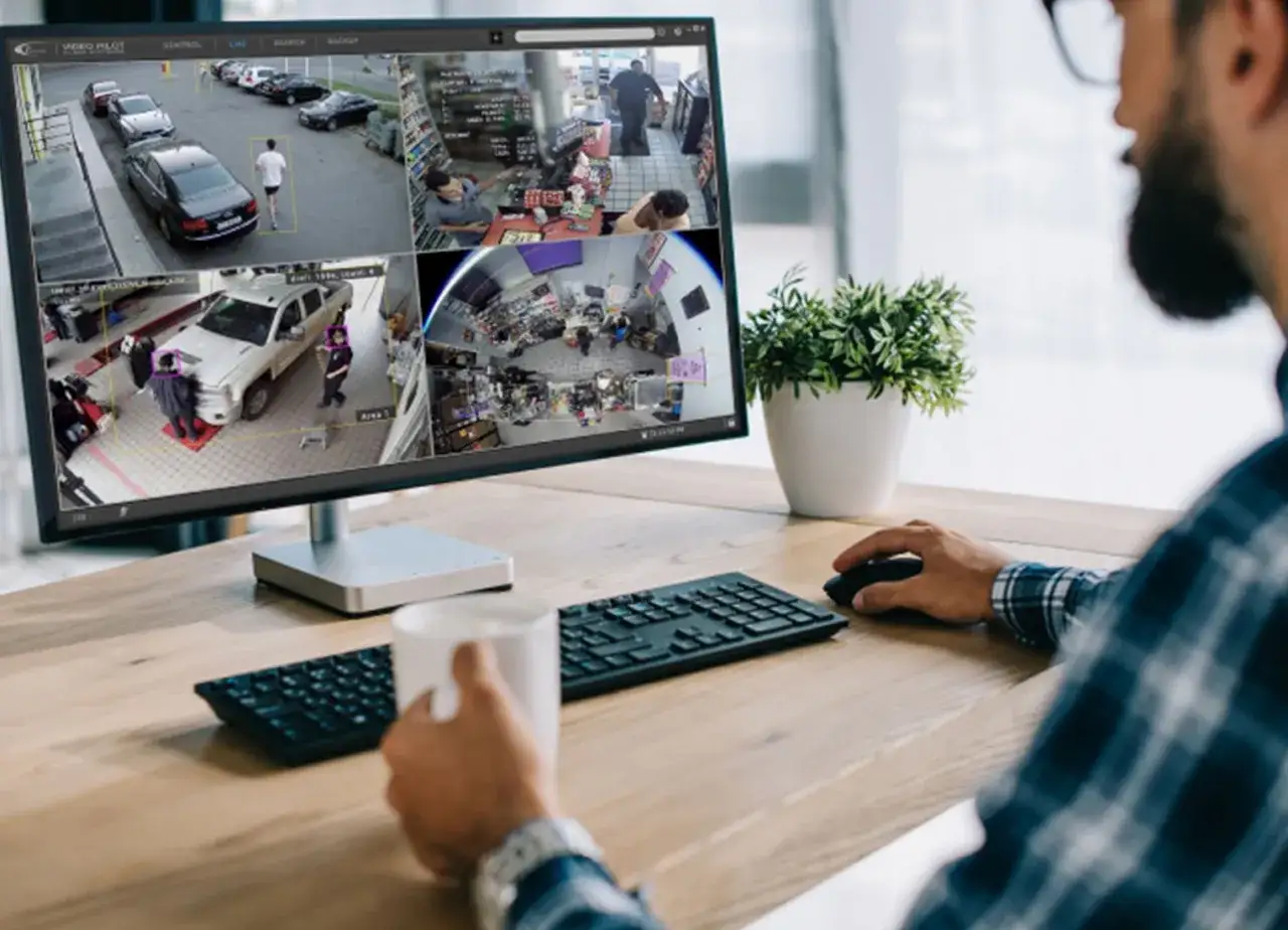 Operator monitoruje system IVMS, widząc na ekranie podgląd z kamer: parking, sklep, warsztat.