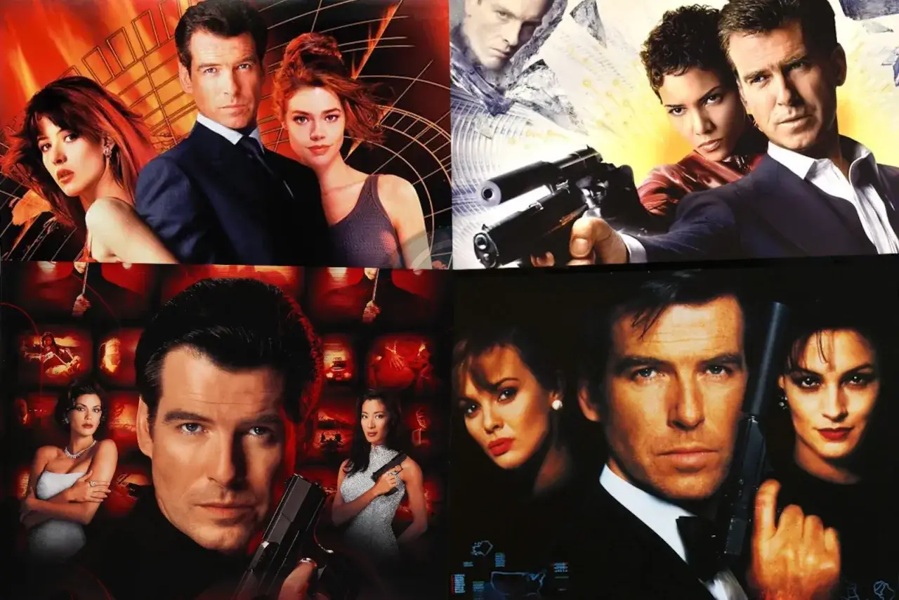 Fyra filmaffischer med Pierce Brosnan som James Bond. Han poserar med olika kvinnliga skådespelare och vapen.