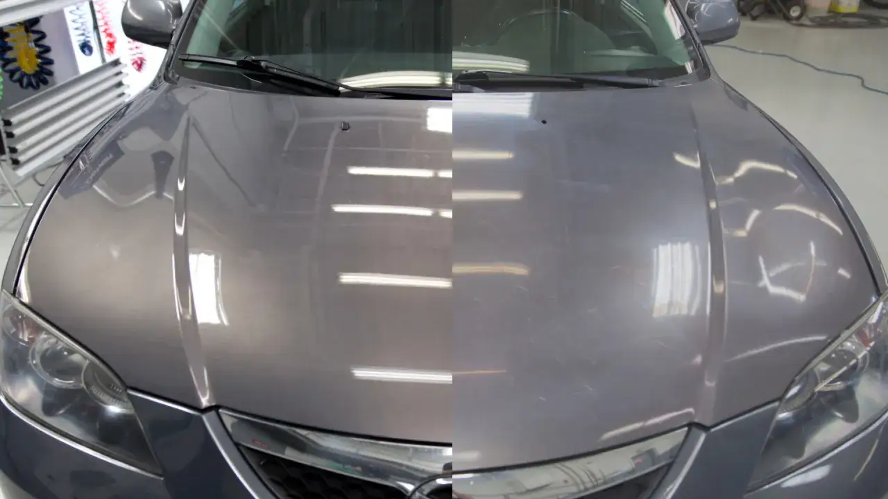 Left side shows a car hood after a buffing, right side shows it before. Learn how to buff out scratches and restore shine.