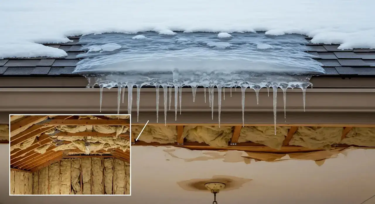 Icicles hang from a roof edge where snow has melted and refrozen, causing ice dam damage. Inside, insulation is water-damaged and the ceiling shows water stains.