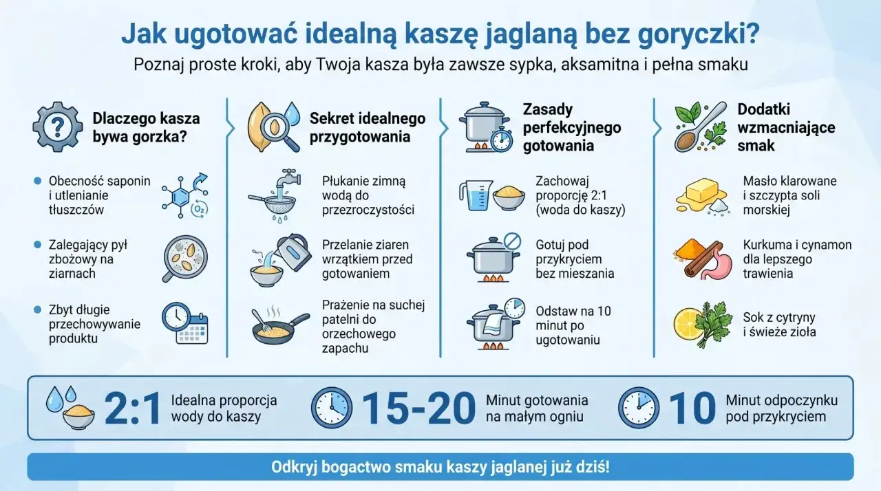 Jak ugotować idealną kaszę jaglaną bez goryczki? Proste kroki: płukanie, wrzątek, prażenie, proporcja 2:1 wody do kaszy, gotowanie pod przykryciem, odpoczynek.