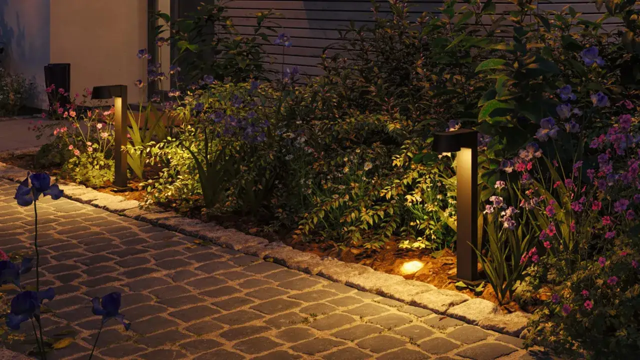 Gartenweg mit Steinpflaster und Blumen, beleuchtet von modernen Leuchten. Das warme Licht zieht nachtaktive insekten an.