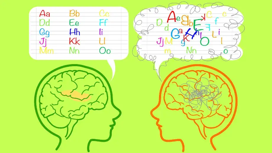 dziecko z dysleksją czytające książkę, schemat m&oacute;zgu