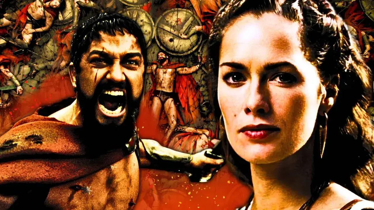 Leonidas vrålar i strid, omgiven av fallna krigare. Bredvid honom ser vi Gorgo, hans drottning, i en dramatisk scen från filmen 300.