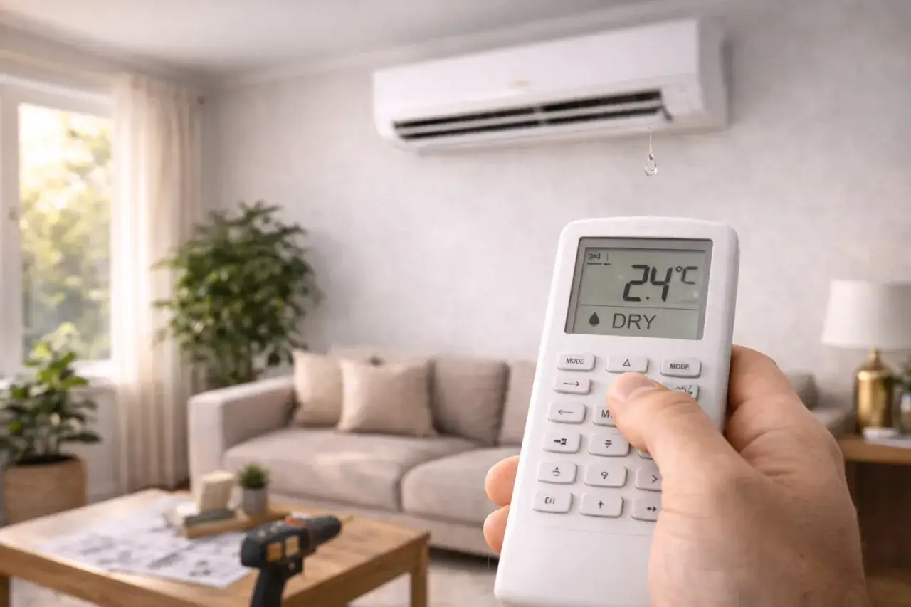 Une main tient une t&eacute;l&eacute;commande d'air conditionn&eacute; r&eacute;gl&eacute;e sur le mode DRY, 24&deg;C. L'appareil souffle de l'air frais ou sec dans un salon confortable.