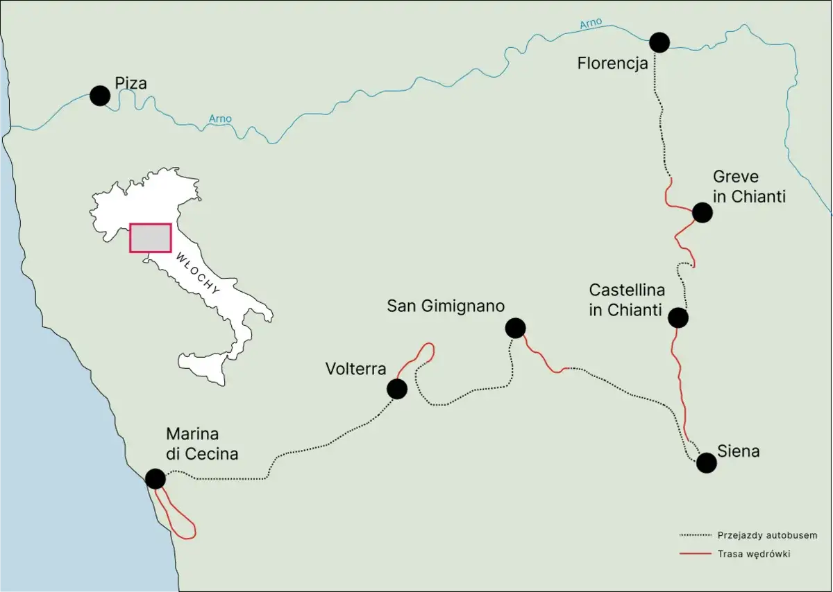 Mapa Toskanii z zaznaczonymi miastami i trasami, w tym malowniczym regionem **chianti**.