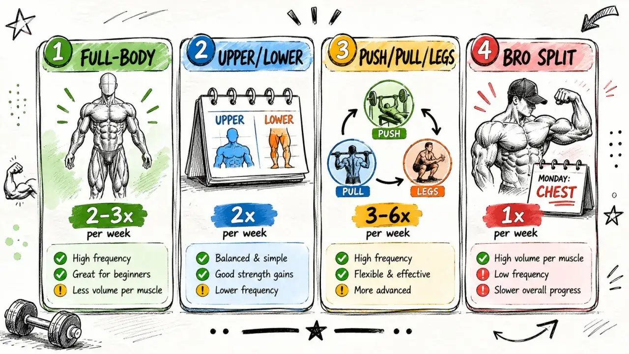 Ilustracja porównuje cztery plany treningowe: Full-Body, Upper/Lower, Push/Pull/Legs i Bro Split. Każdy plan ma opis, częstotliwość i zalety/wady. Trening góra dół jest częścią planu Upper/Lower.