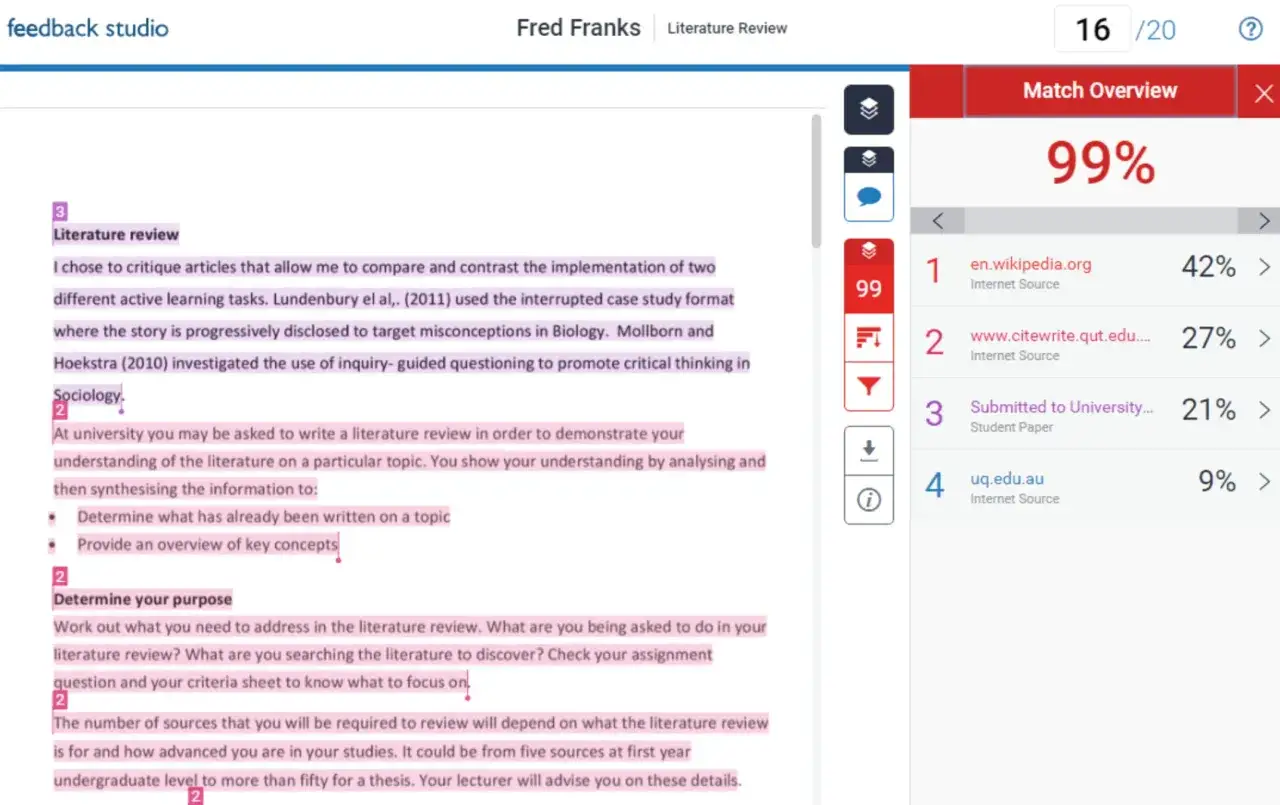Analisi di un testo con Turnitin antiplagio: 99% di corrispondenze, evidenziate in rosa, con link a fonti esterne.