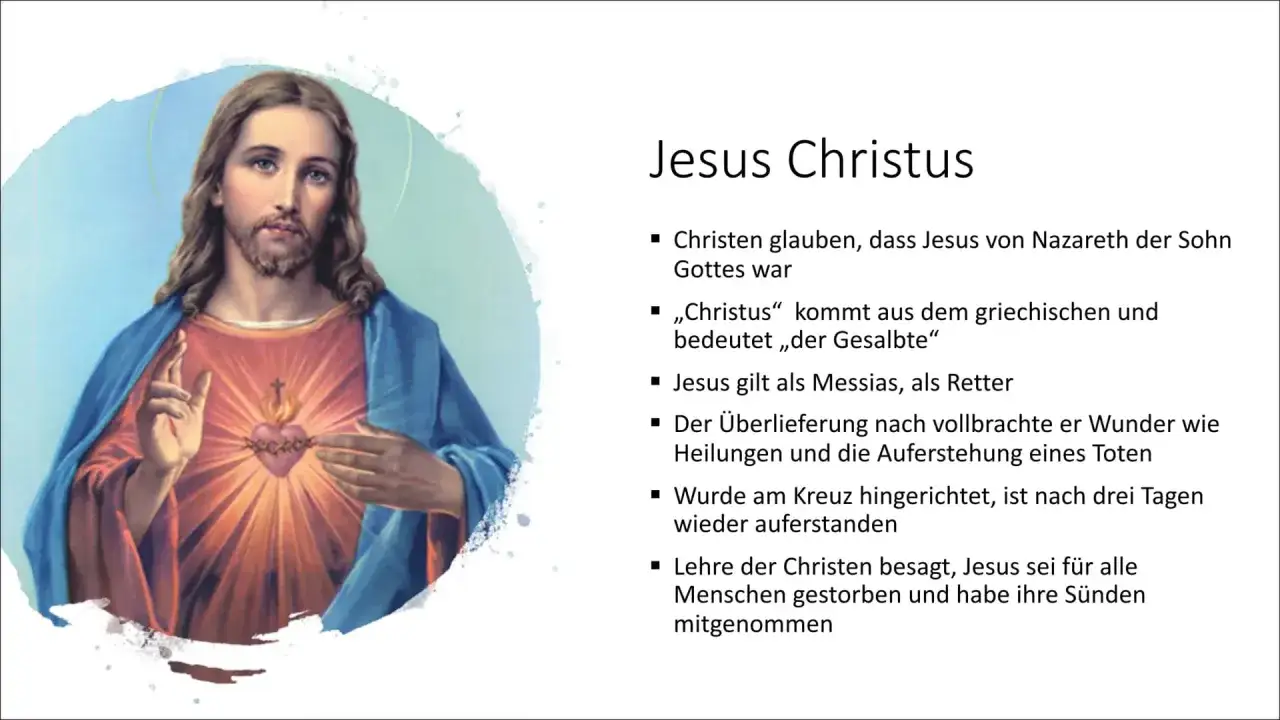 Jesus Christus, der Sohn Gottes, mit strahlendem Herzen. Christen glauben an ihn als Messias und Retter.