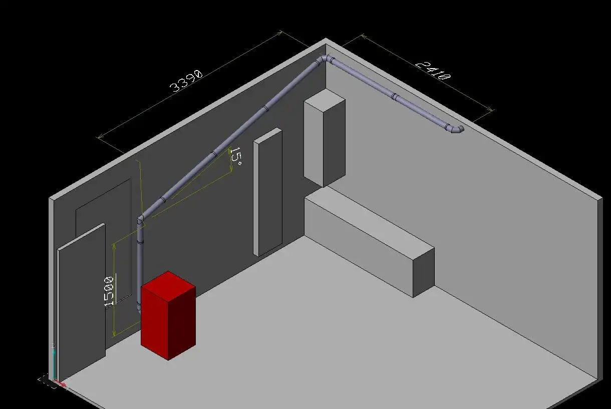 Schema tecnico: canna fumaria stufa a pellet con tratti orizzontali di 3390mm e 2410mm, inclinazione 15°.