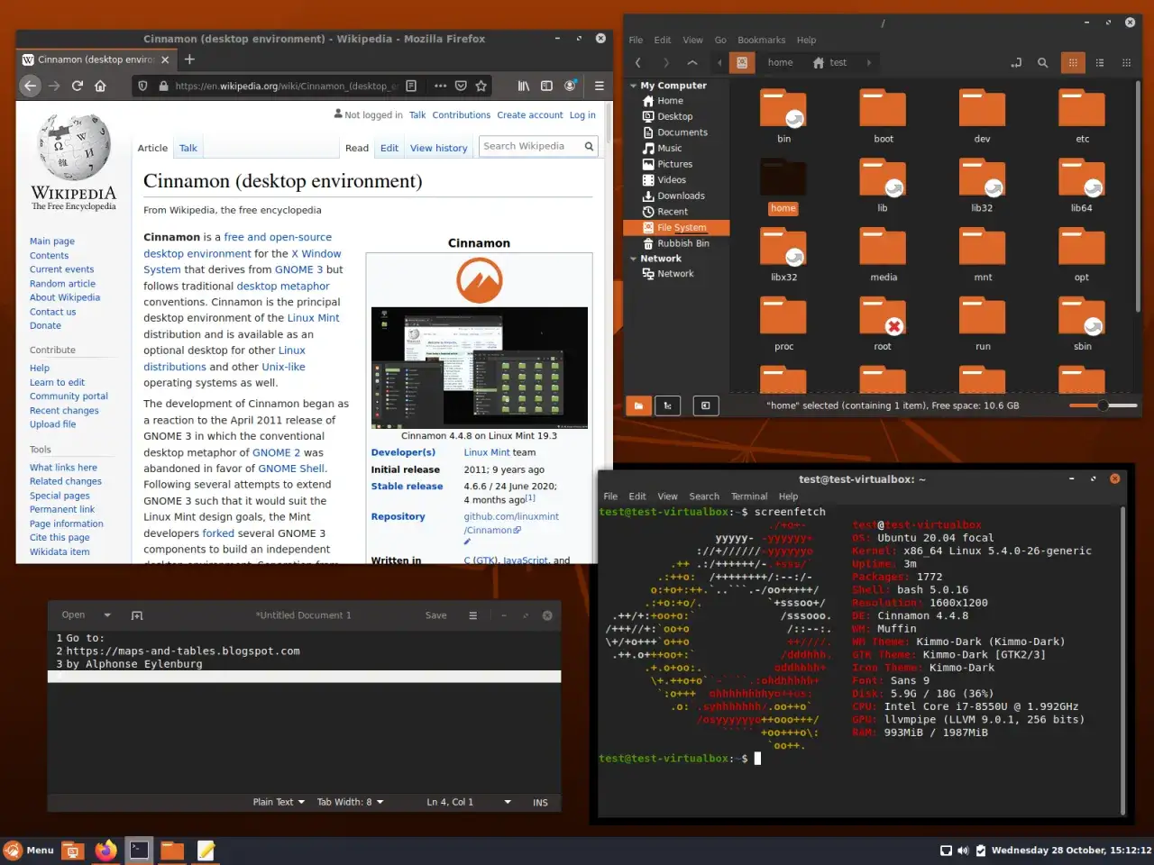 Na ekranie widać pulpit z systemem **Linux** Mint, przeglądarkę Wikipedia, menedżer plików i terminal.