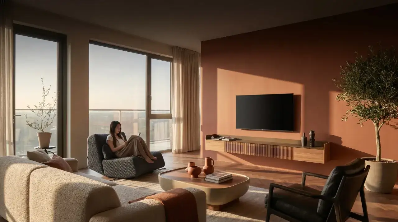 Gem&uuml;tliches Wohnzimmer mit warmen Erdt&ouml;nen, einem bequemen Sofa und einem Sessel. Aktuelle **interior trends** spiegeln sich in der Wandfarbe und den nat&uuml;rlichen Materialien wider.