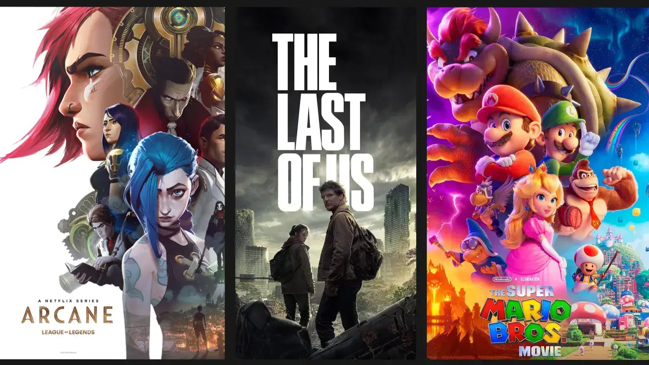 collage najlepszych adaptacji gier filmowych The Last of Us Arcane Mario