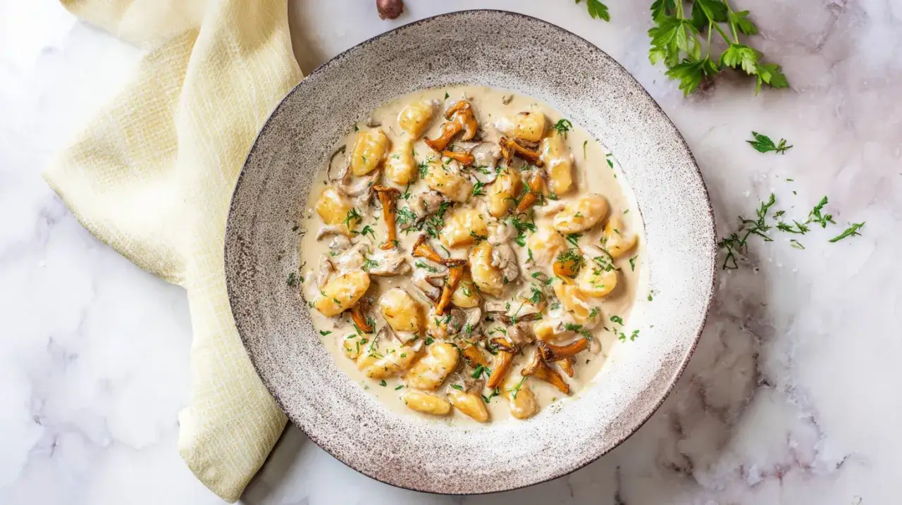 Puszyste gnocchi w kremowym sosie z kurkami i natką pietruszki, podane w rustykalnej misce.