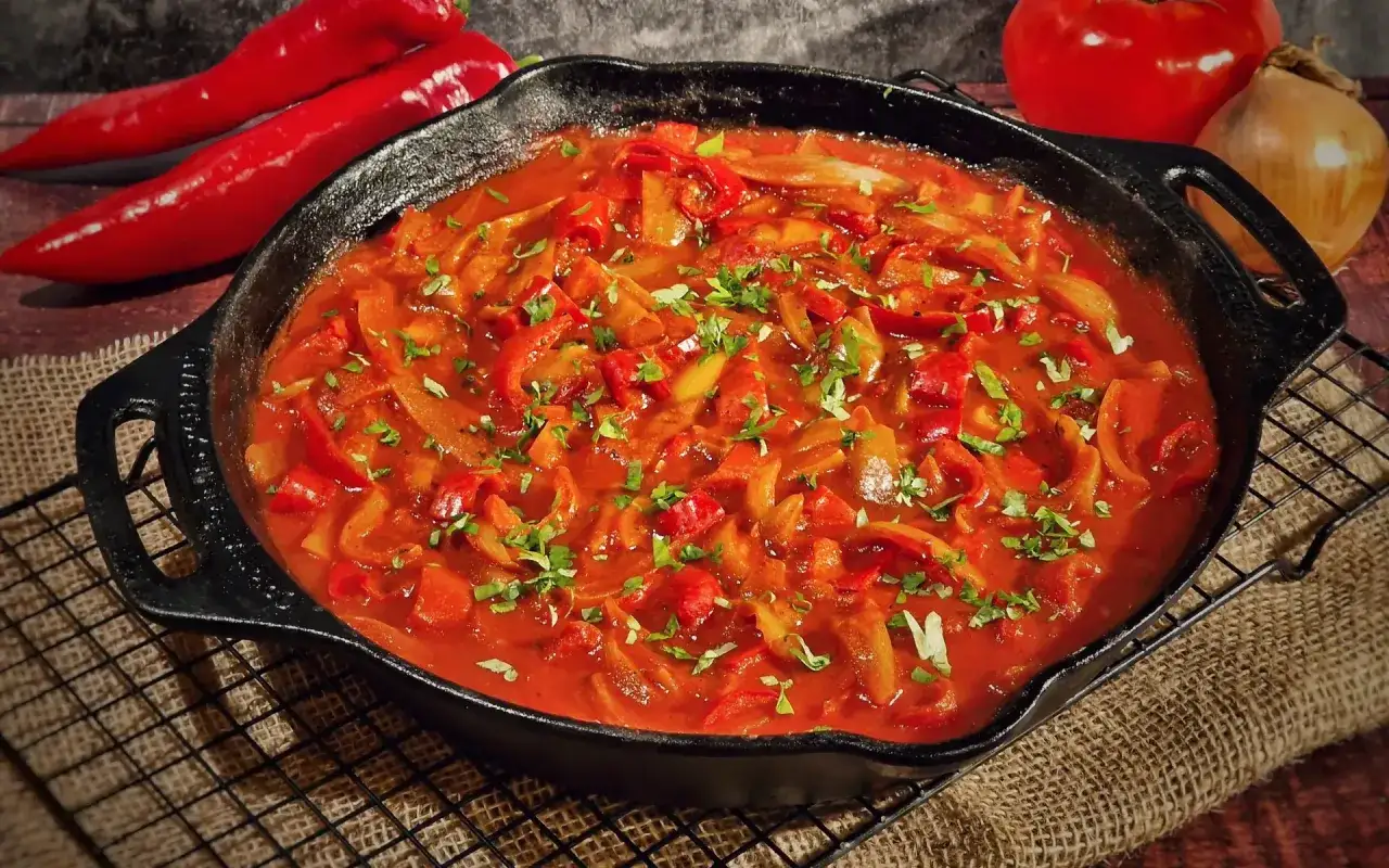 Herzhaftes Letscho-Rezept in einer Gusseisenpfanne, garniert mit Petersilie. Paprika und Zwiebeln in einer würzigen Tomatensauce.