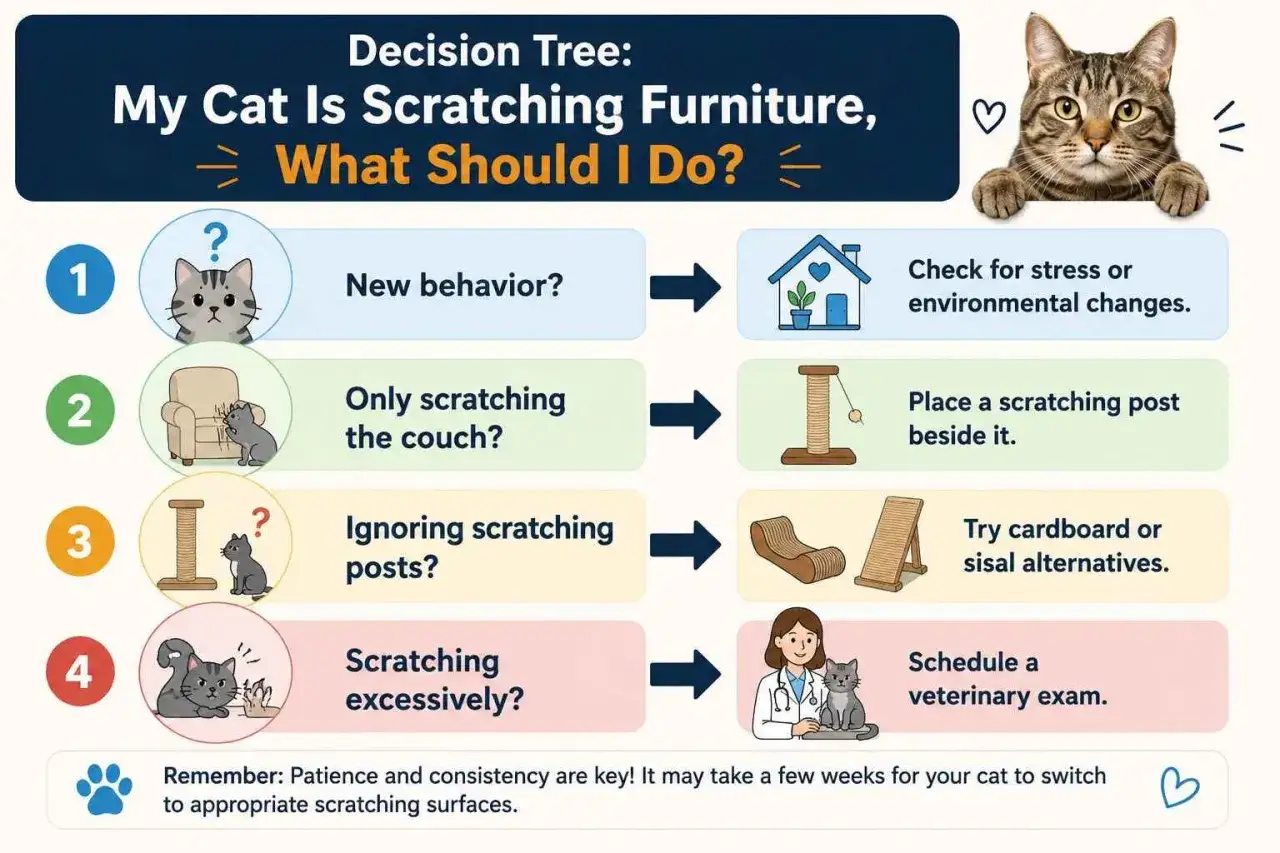 Decision tree on how to stop cats from scratching furniture. Offers solutions for new behaviors, couch scratching, ignoring posts, and excessive scratching.